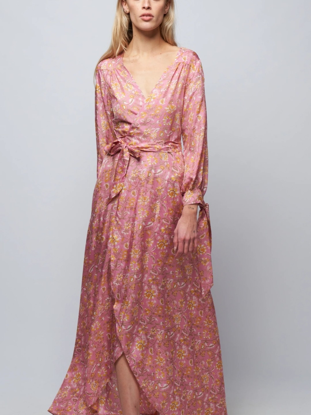 Hannah Artwear Luna Dress - Sunrise - Pink Floral Silk Wrap Maxi Dress - Size 1